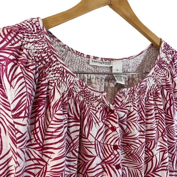 Hasting & Smith Top Plus 1X Pink White Tropical Leaf Pattern Henley Seersucker - Picture 4 of 8